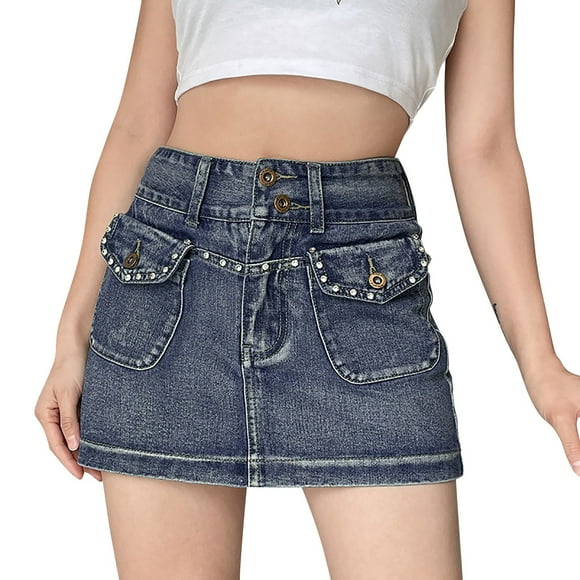 Womens Skirt Hot Tennis Skirt Women Casual Button Down Belt Denim Skirt Pockets Jean Short Skirt Adult Female Clothes Blue Size M