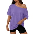 thumbnail image 2 of Harpily Womens T-Shirts Y2K Style Asymmetric Neckline Off Shoulder Short Sleeve Casual Basic Short Sleeve T-Shirt, 2 of 4