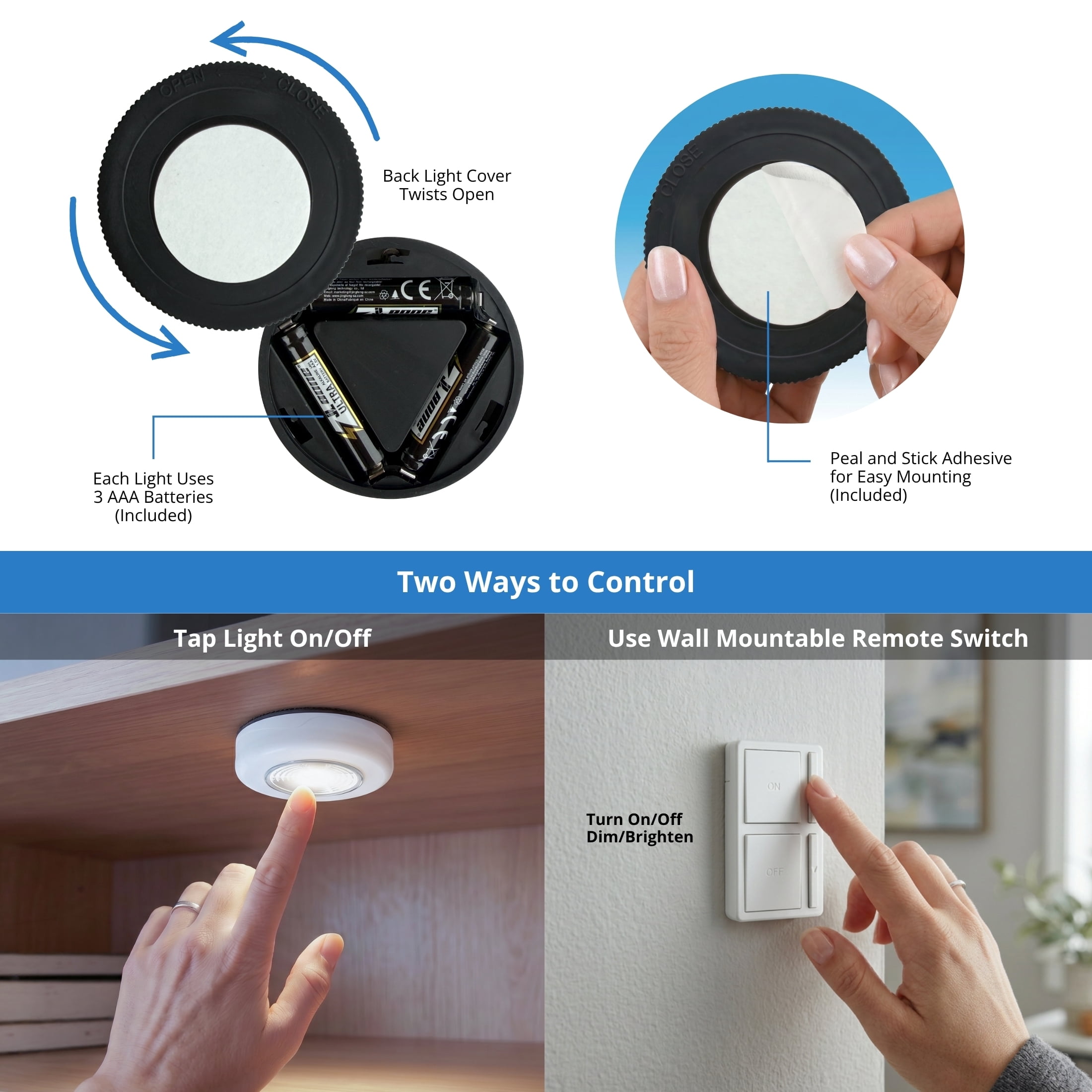 Great Value Wireless LED Puck Lights with Wall Switch, 2 Pack