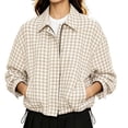 thumbnail image 3 of Women's Plaid Cropped Jacket Long Sleeve Plaid Collared Zip Snap Button Outerwear with Pockets,Drawstring Hem Spring Fall Outfits, 3 of 8