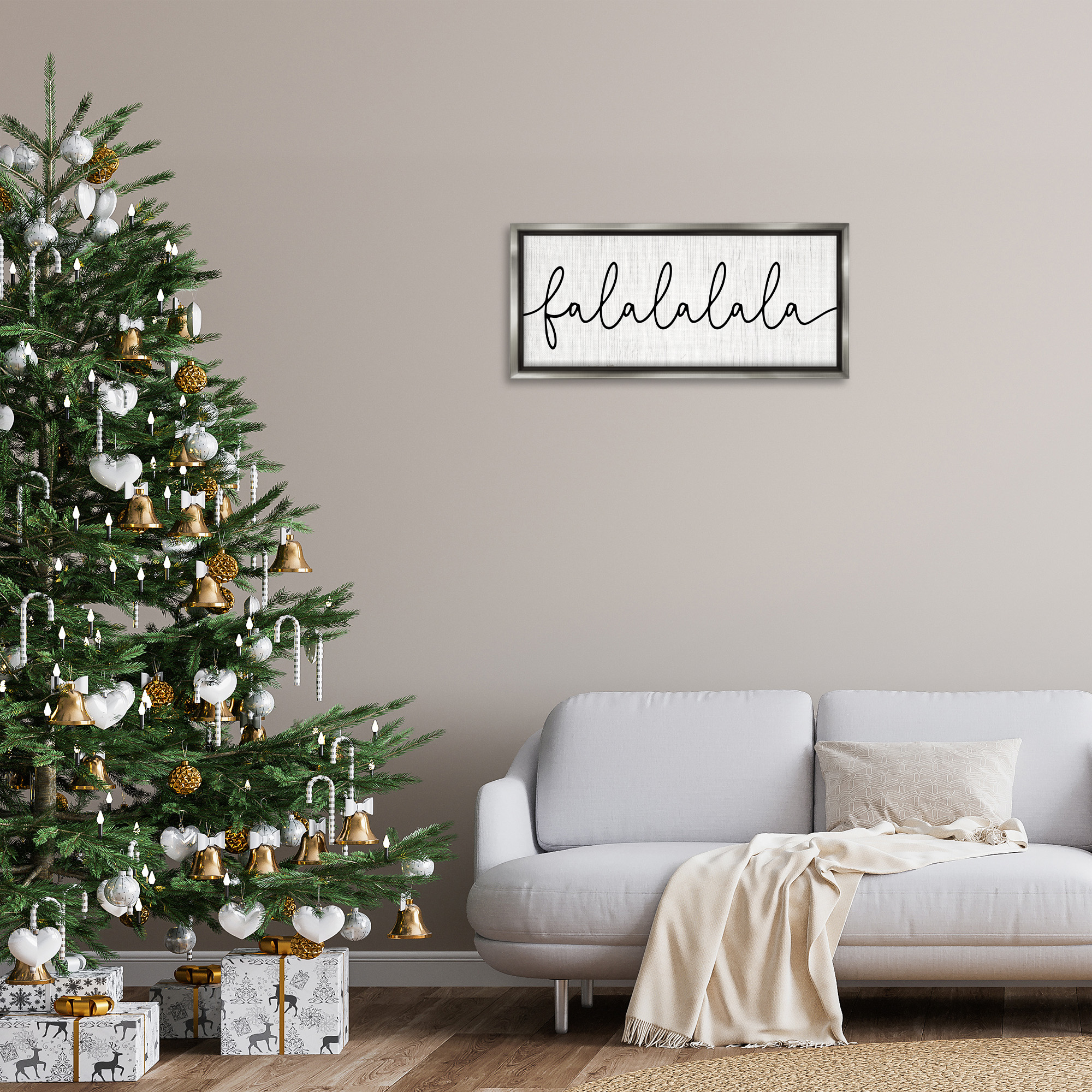 Stupell Industries Falalalala Minimal Holiday Phrase Holiday Painting Gray Floater Framed Canvas Art Print Wall Art, 31 x 14