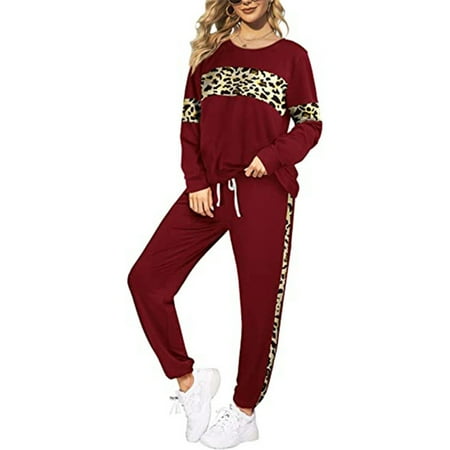 

TIHLMK Pajamas Sales Clearance Women Two Piece Set Stripe Leopard Print Color Block Long Sleeve Round-Neck Tops Long Hight Waist Trousers Pants Casual Suit Wine
