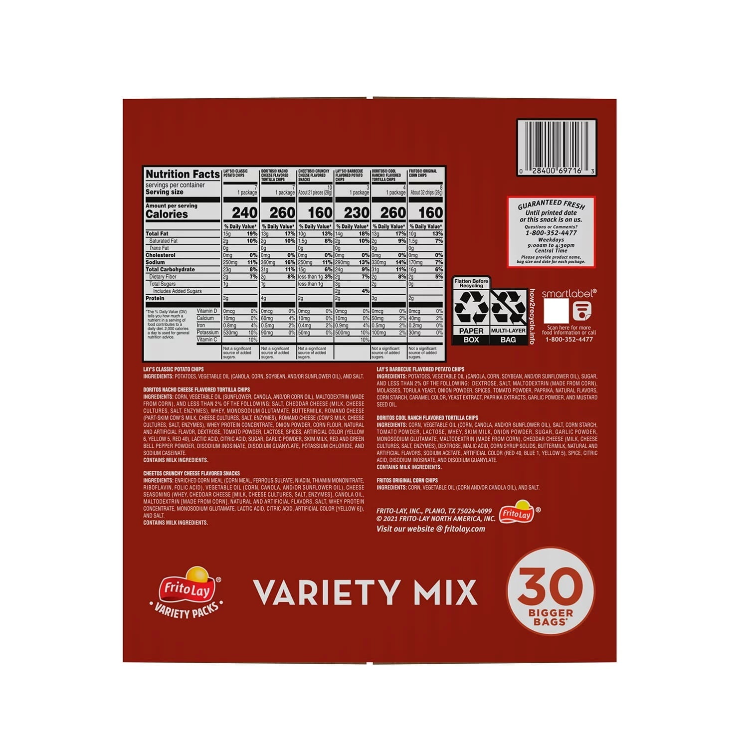 Frito-Lay 28400702270 Classic Variety Mix - Assorted (30 Bags/Box)
