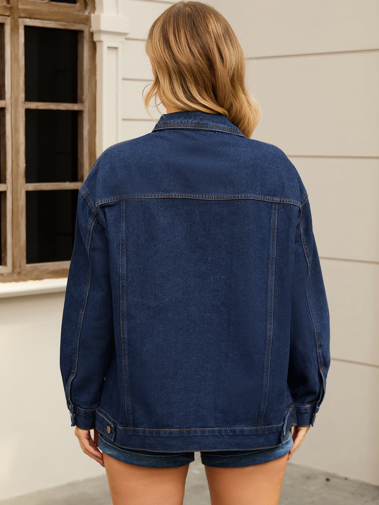 Unique Bargains Women's Casual Denim Jacket with Oversized Pockets L Dark Blue