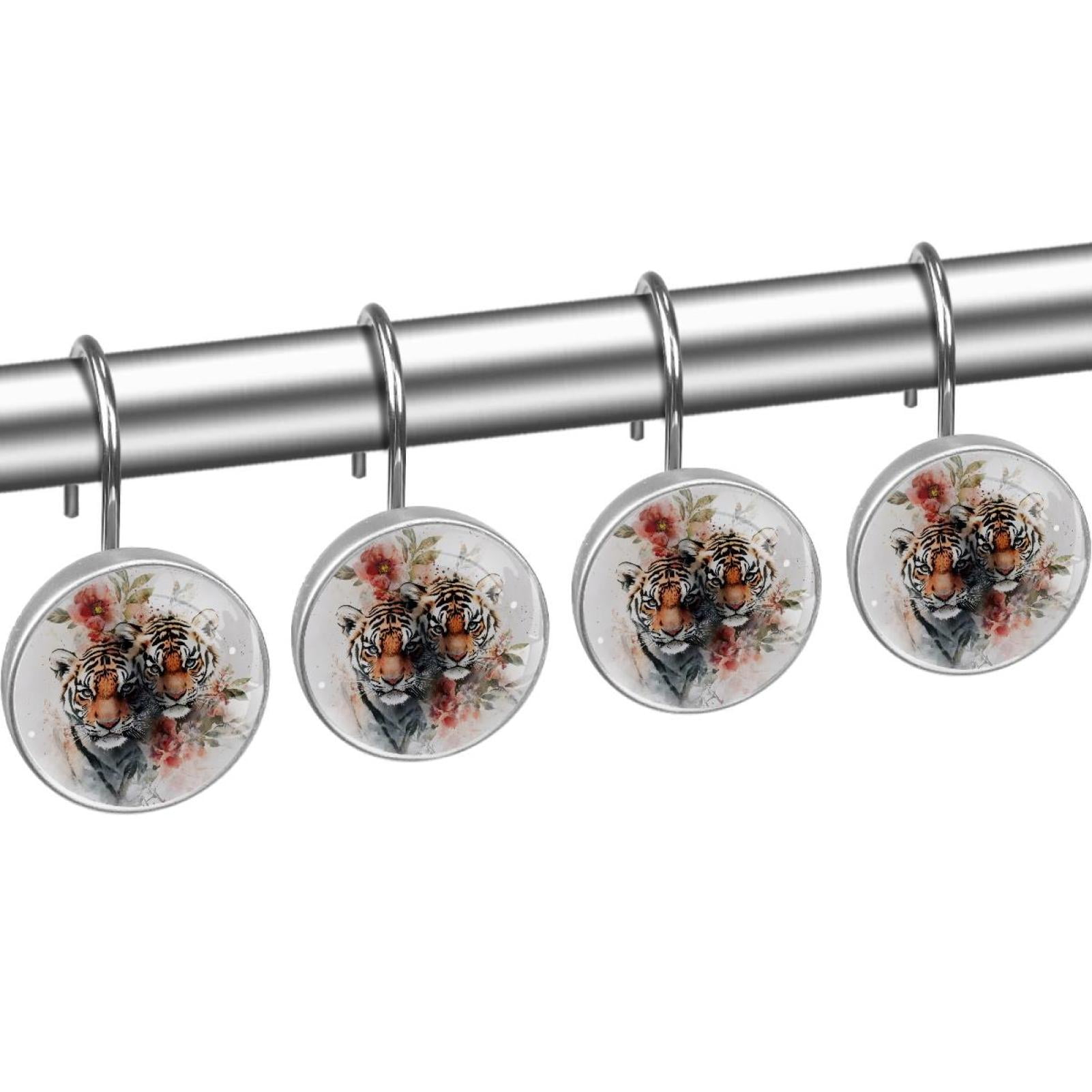Tigers with Hibiscus Flower Shower Curtain Hooks Round Crystal Glass, Set of 12 Shower Curtain Rings - Shower Hooks for Curtain Shower Rings