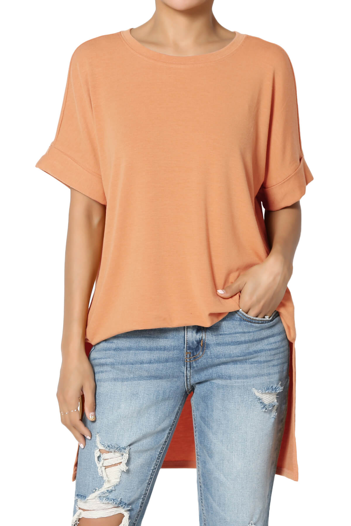 Women's Casual Round Neck Cuffed Short Sleeve Loose Tee Basic Top T