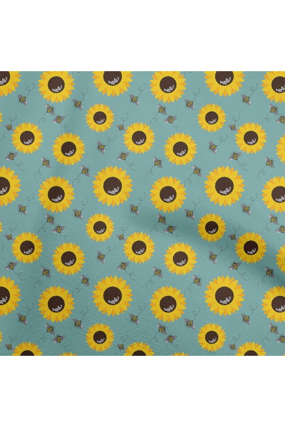 Rayon Dark Teal Green Fabric Floral Sunflower With Honey Bees Sewing Material Print Fabric By The Yard 56 Inch Wide