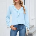 thumbnail image 5 of TFEOQRY Women's Ruffle Front Blouse Solid Color V Neck Long Sleeve Elegant Casual Fall Fashion Work Office Top Sky Blue, 5 of 9