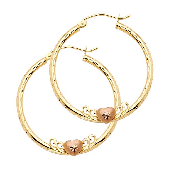 14k Yellow Rose Gold Two Tone Round Diamond Cut Heart Hoops Love Earrings Fancy Polished 30mm x 2mm