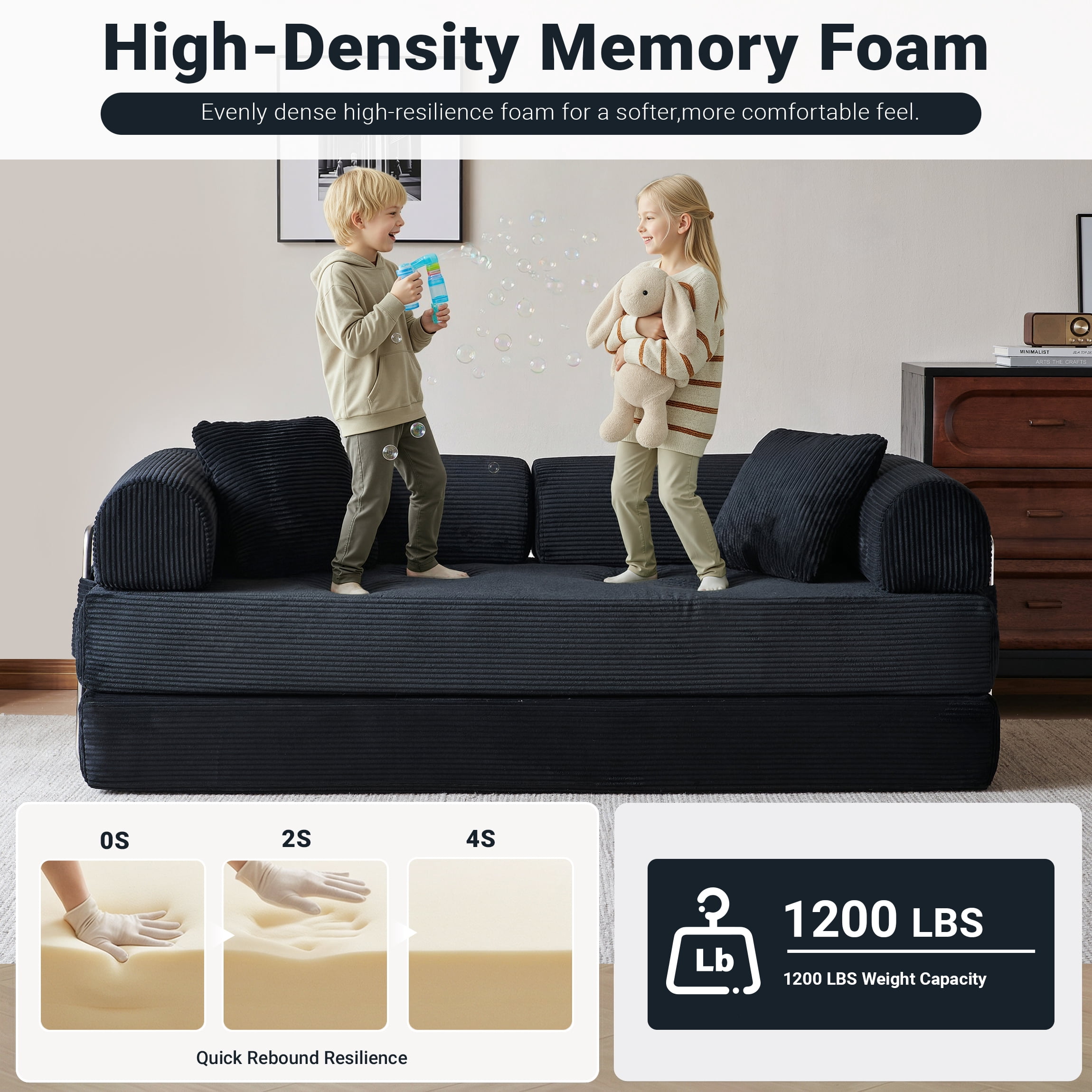 Vanress 78" Convertible Sofa Bed, Folding Sleeper Sofa Couch Bed with Fixed-Shape Frame, Pull-Out Sleeper Loveseat, Corduroy Boneless Futon Bed, No Assembly Required for Living Room & Bedroom, Black