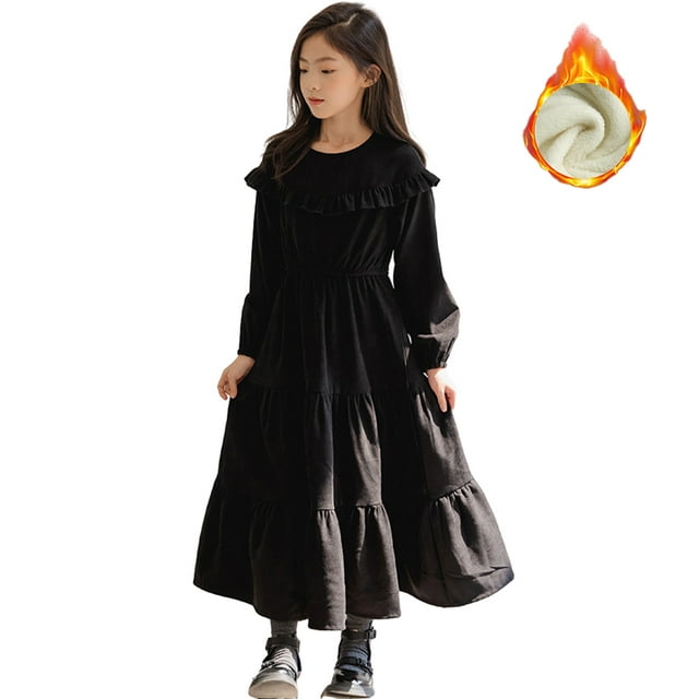 Qudderr Robes en Polaire pour Adolescentes, Robe Décontractée en Velours Côtelé, Col Rond, Manches Longues, Robe Princesse pour 5-14 Ans