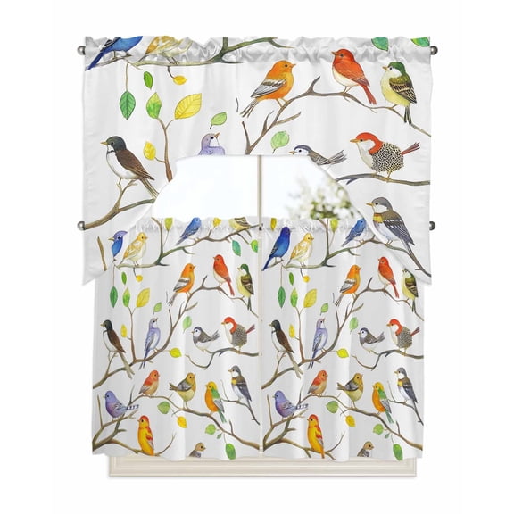 Colorful Birds Kitchen Curtain and Valance Set 3 Pieces,Rod Pocket Short Tier Curtains 36 Inch Length,Branch Animal Spring Branch Leaf Summer Swag Topper Small Window Treatment for Cafe Bathroom
