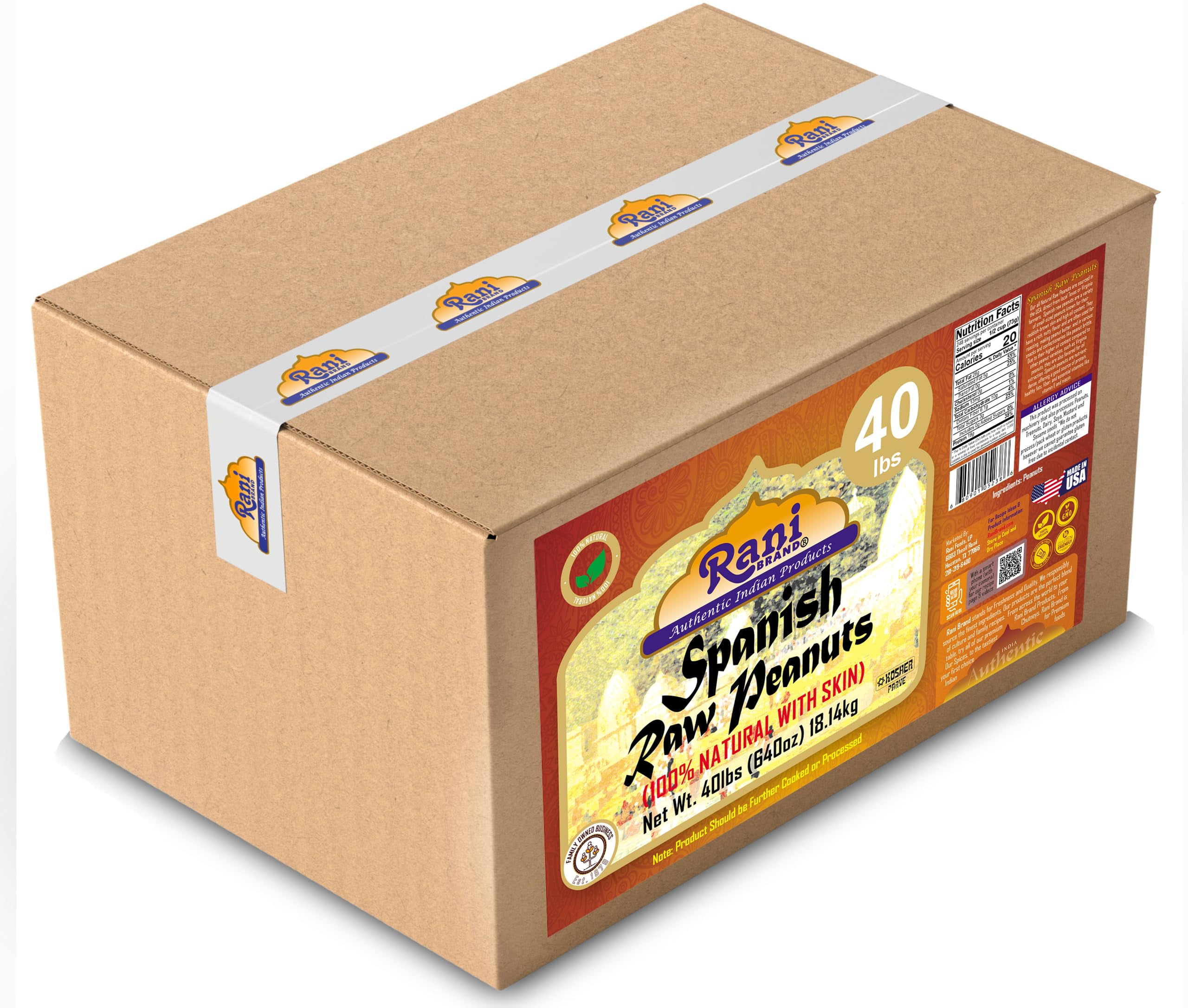 Rani Raw Spanish Peanuts 100% Natural with Skin (uncooked, unsalted) 40lbs (640oz) 18.14kg Bulk Box ~ Vegan | Gluten Friendly | Kosher | Red-brown Skin