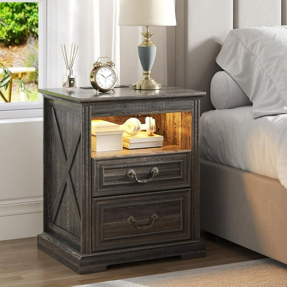 Nightstand with Gun Drawer, Farmhouse Night Stand with Charging Station, Bedside Table with LED Light and Human Sensor, End Table with 2 Drawers for Bedroom, Rustic Brown