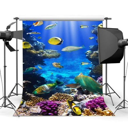 Image of ABPHOTO Polyester 5x7ft Underwater World Backdrop Aquarium Backdrops Fancy Coral Fish Lights Ray Bubble Sea World Photography Background for Kids Adults Summer Ocean Sailing Photo Studio Props