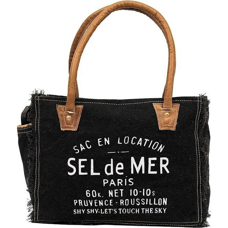 Rajeriya Sel De Mer Black 13 inch Canvas Cowhide Tote/ Hobo Bags