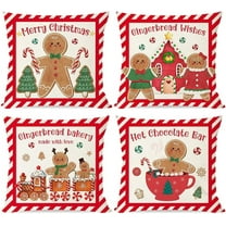 Christmas Pillow Covers 18x18 Set of 4 Gingerbread Man House Candy Cane Christmas Decorations Hot Cocoa Red Green Winter Holiday Decorative Throw Pillow Case for Home Couch Living Room Decor