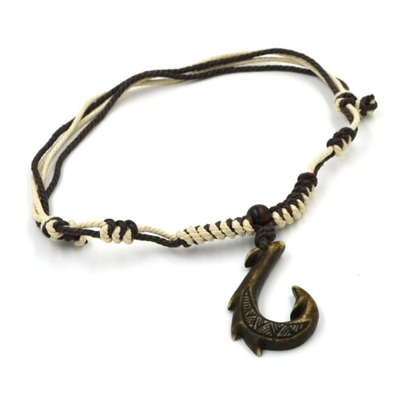 Hawaiian Jewelry Manu Makau Style Fish Hook Necklace with Hawaii Koa Wood Bead