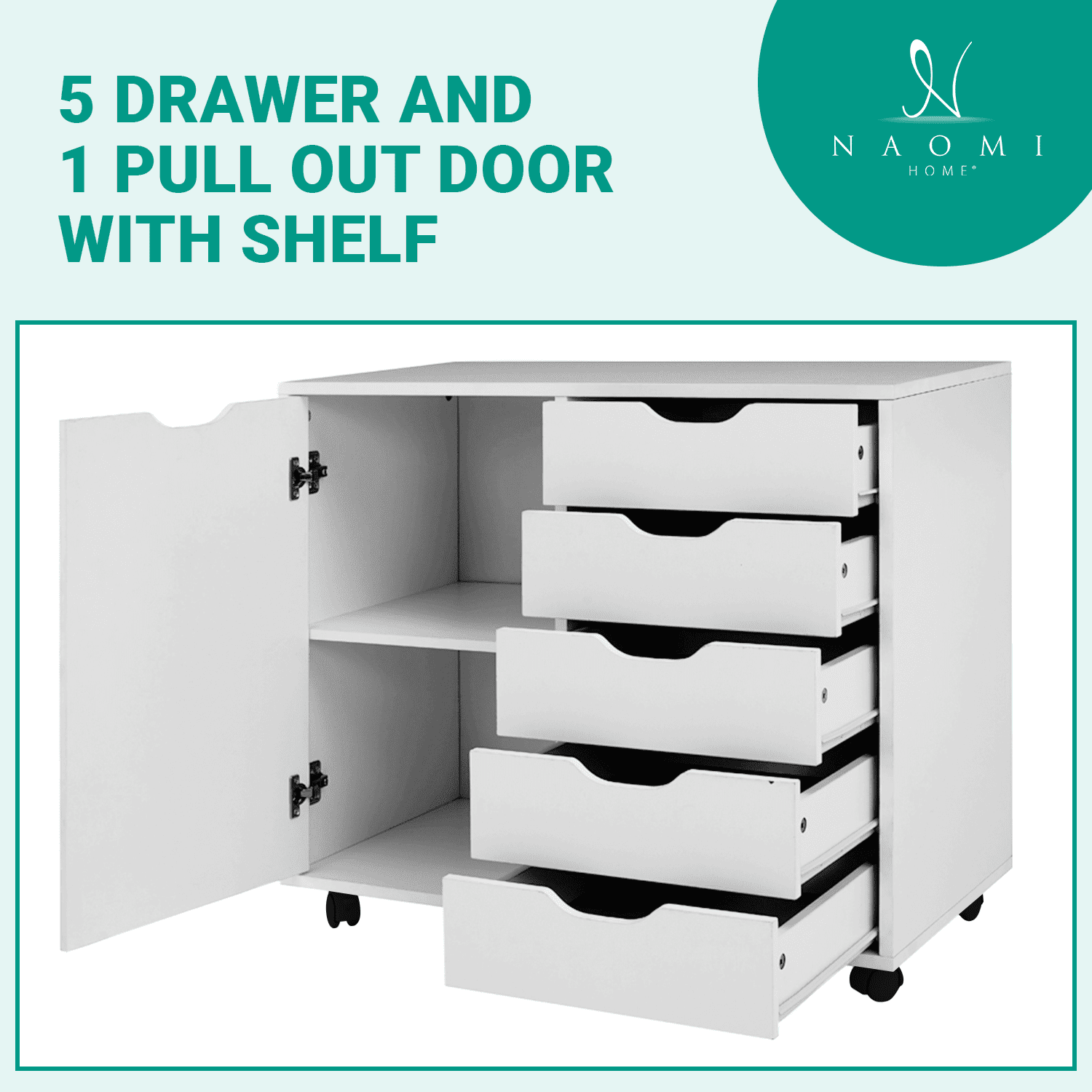 Amy 5-Drawer White Dresser – Mobile Cabinet with Drawers & Craft Storage