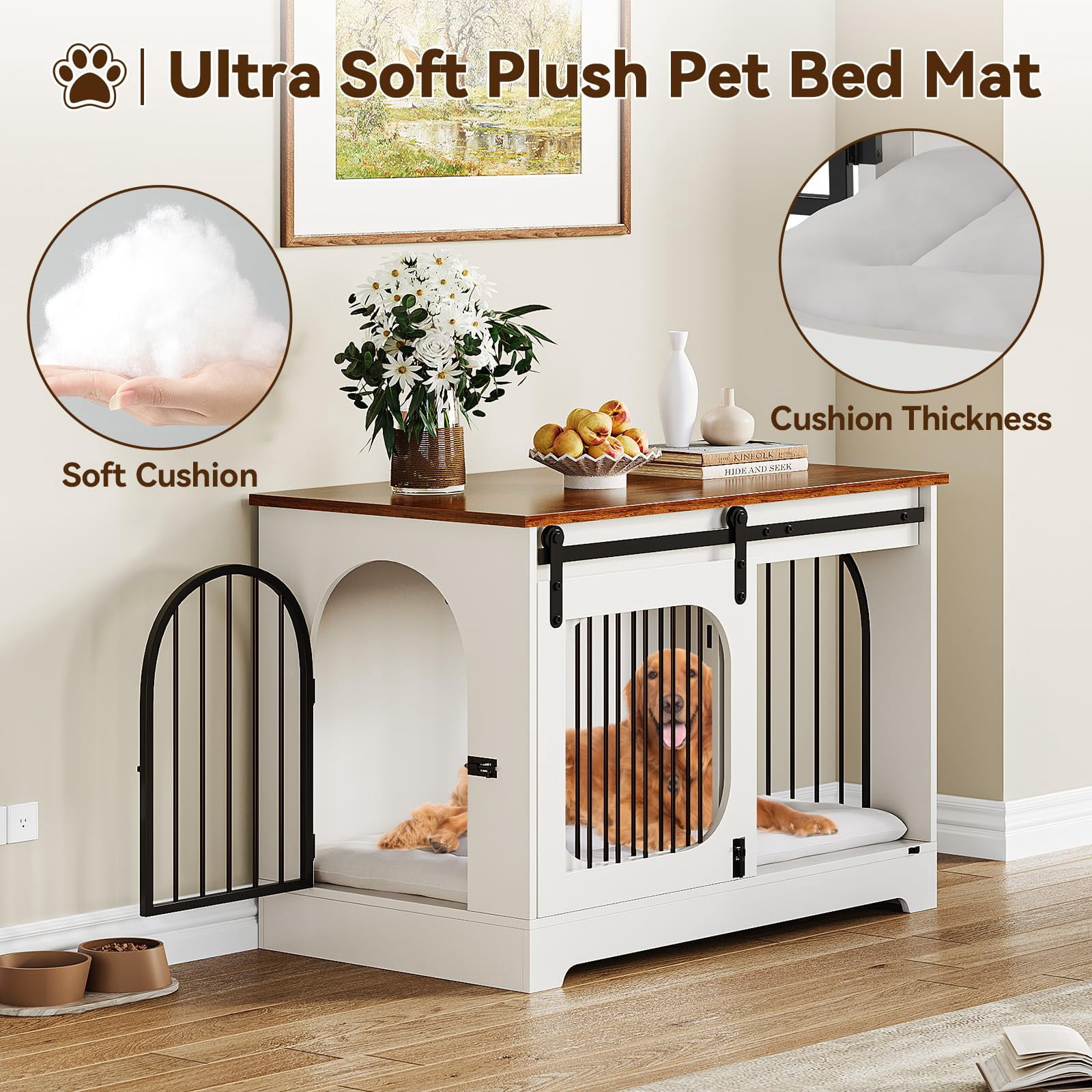 39.4'' Wooden Dog Crate Furniture TV Stand, Indoor Dog Kennel for Small/Medium/Large Dogs, End Side Table Dog Crates with Soft Cushion, Arched Door Design