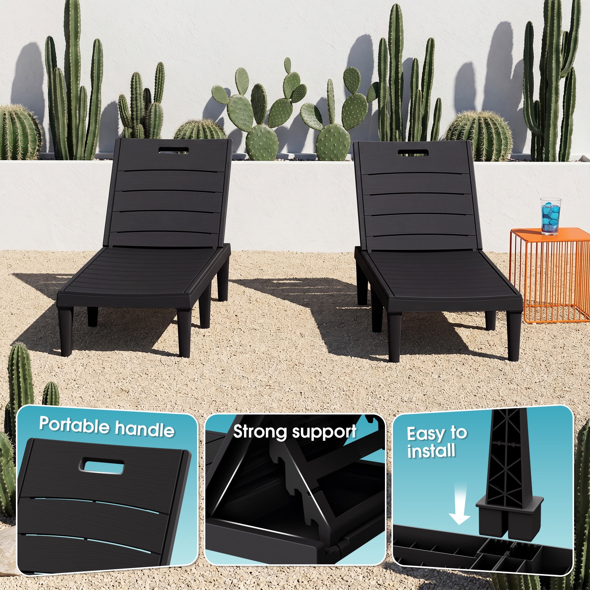 Vineego Set of 2 Patio Outdoor Chaise Lounge Chair Recliner with Adjustable Backrest, Black