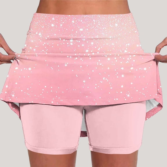 DailyTrove Women Pink Sequin Skort Casual Party Glitter Flared Skirt with Inner Shorts