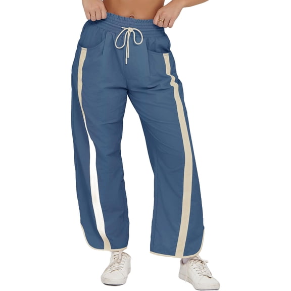 Women's Baggy Wide Leg Pants Casual Drawstring Elastic Waisted Contrast Color Workout Y2K Track Pants