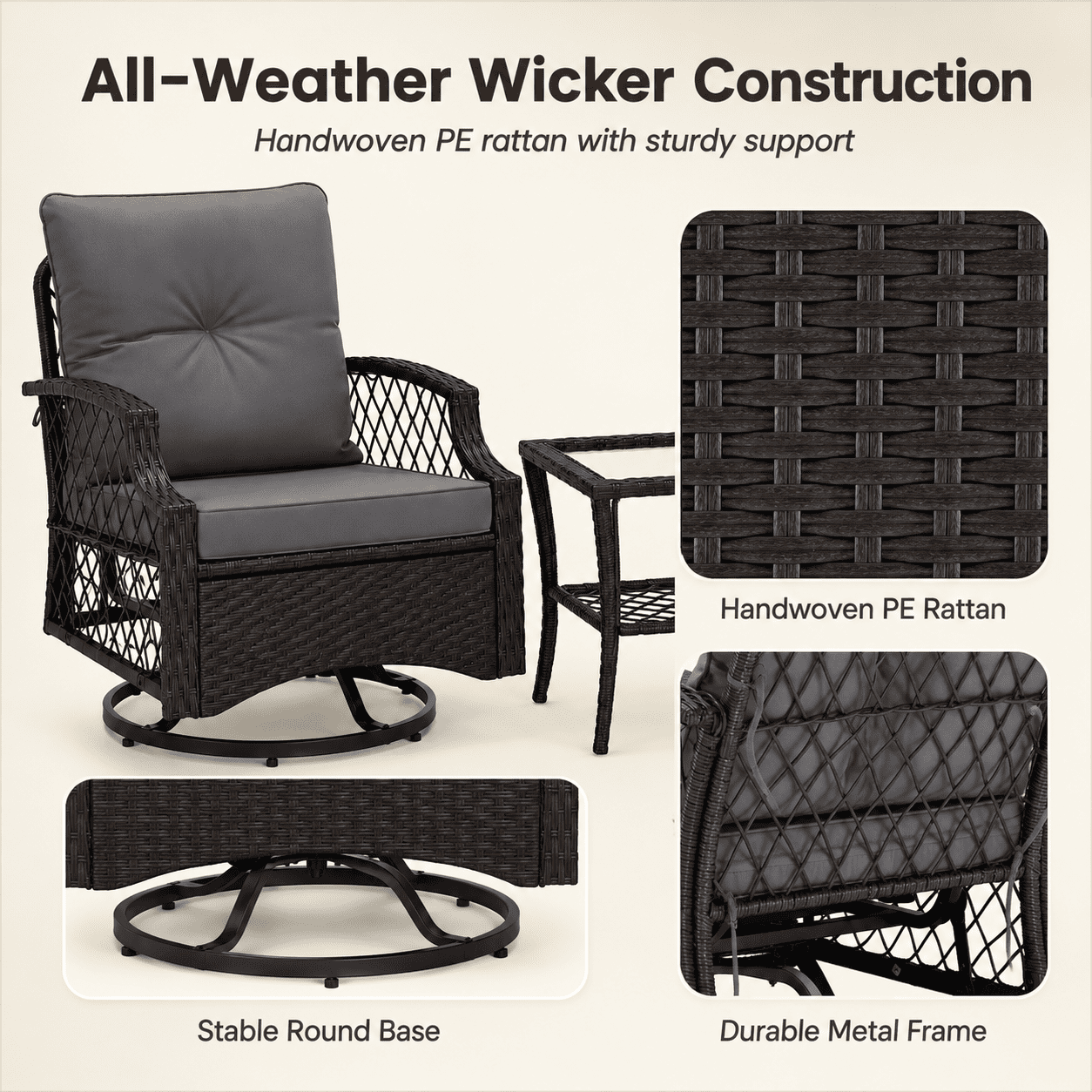 3-Piece Outdoor Swivel Rocking Chairs Set, Weather-Resistant Patio Furniture for Porch Backyard Poolside, with Coffee Table & Thick Cushions, Easy Assembly, Wicker 360° Swivel Rocker Bistro Set