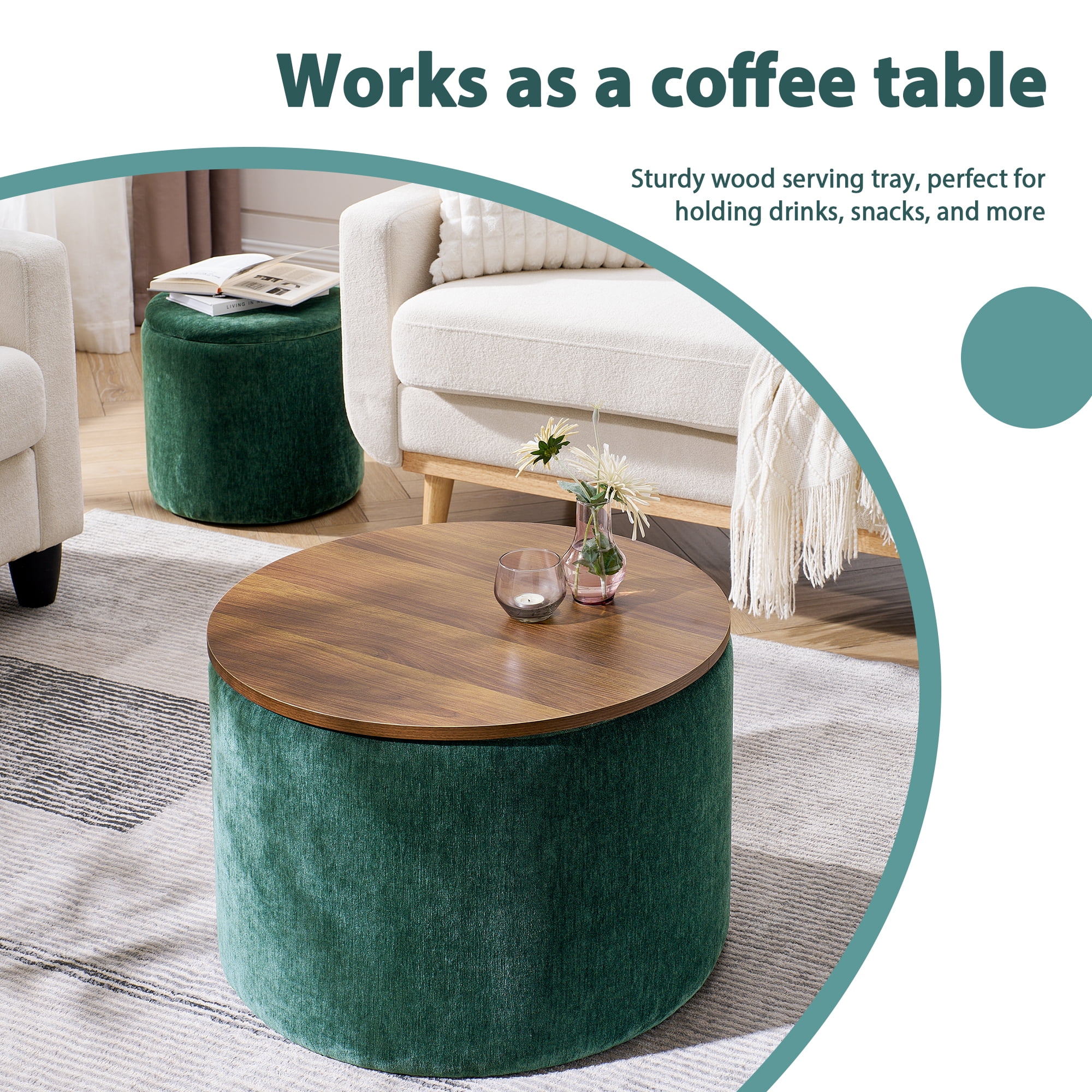 Aukfa 2-Piece Round Storage Ottoman Set,Chenille Coffee Table Footstool & Vanity Stool for Living Room/Bedroom/Entryway,Retro Green