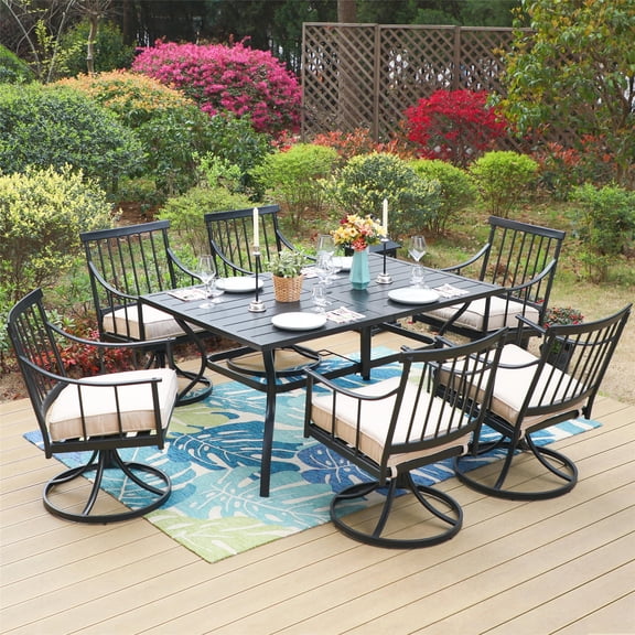 7-Piece Outdoor Patio Dining Set with 6 Swivel Cushioned Chairs & Large Table for 6-Person, Black & Beige