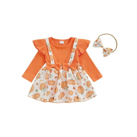 

Wilcliar Newborn Baby Girls Halloween Clothes Long Sleeve Pumpkin Patchwork Romper Dress Headband