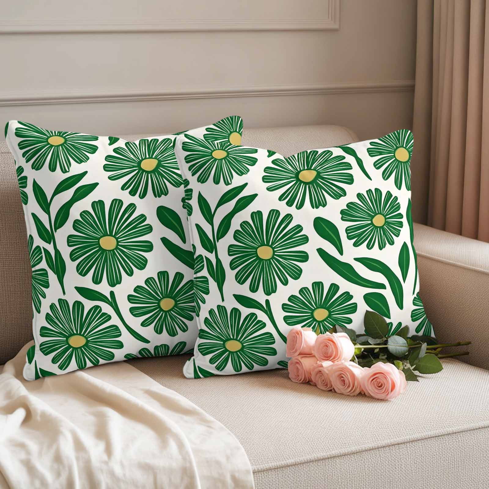 Spring Floral Pillow Covers 2 Pack Watercolo RVintage Green Flower Grenn Leaf Plan Pillowcase Waterproof Outdoor Throw Pillow Cover for Patio Garden Square Cushion 20”x20”