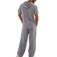 thumbnail image 4 of Men's 2 Piece Hooded Short Sleeve Shirt And Long Pants Set, Linen Textured Casual Outfit With Chest Pocket, Breathable Summer Beach Wear For Vacation And Loungewear,Dark Gray,L, 4 of 6