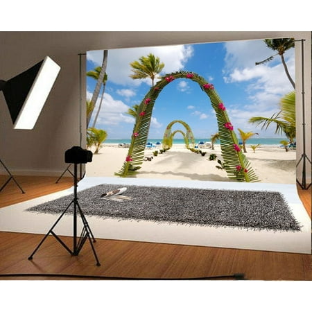 Image of GreenDecor Beach Wedding Party Backdrop 7x5ft Photography Background Seaside Chairs Sandbeach Palm Trees Flowers Blue Sky Clouds Photos Video Studio Props