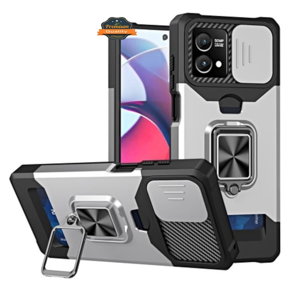For Motorola Moto G 5G 2025 Phone Case Wallet Case with Slide Camera Protector, Credit Card Slot, Ring Sand, Magnetic Car Mount Cover Silver