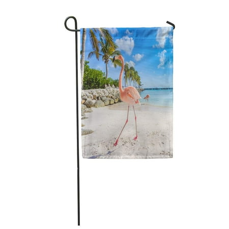 LADDKE Pink Caribbean Three Flamingos Beach Aruba Island Blue Exotic Garden Flag Decorative Flag House Banner 12x18