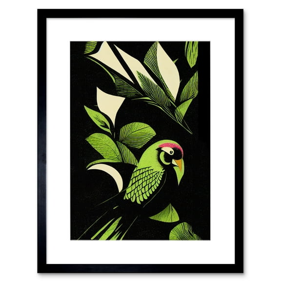 Vibrant Bright Lime Green Black Cream Jungle Leaf Pattern with Bird Modern Vintage Linocut Illustration Artwork Framed Wall Art Print 9X7 Inch