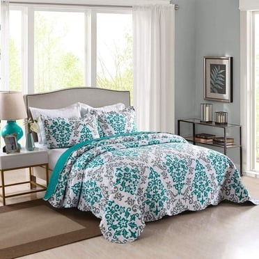 MarCielo 3 Piece Quilted Bedspread Set, Printed Quilt Coverlet, Lightweight, Turquoise, Queen Size