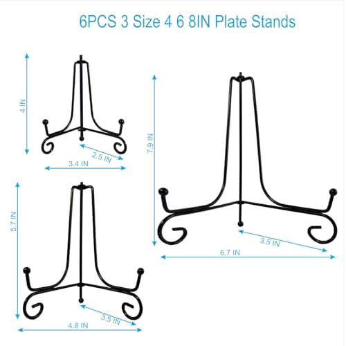 Set of 6 Black Iron Plate Display Stands in 3 Sizes (4, 6, 8 Inch) - Versatile Metal Easel Holders for Plates, Pictures, Books, Cards, Plaques, and Bowls