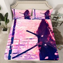 Japanese Bedding Set Queen For Boys Kids Pink Cherry Blossoms Bed Sheets, Japanese Style Warrior Katana Fitted Sheet Samurai Sword Modern Art Sheets With 2 Pillowcases, No Top Sheet