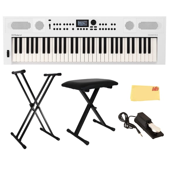 Roland GO:KEYS 5 White Music Creation Keyboard Bundle with Adjustable Stand, X-Style Keyboard Bench, Sustain Pedal, Online Piano Lessons, and Austin Bazaar Polishing Cloth
