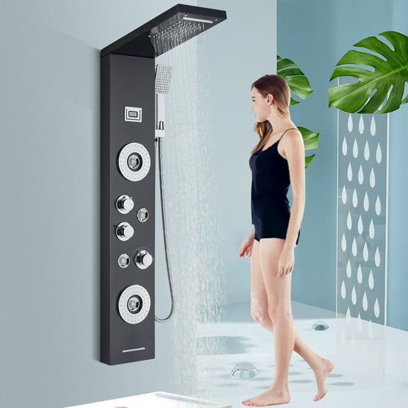 Senlesen Stainless Steel Shower Panel Massage Body Rain&Waterfall Head Black