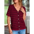 thumbnail image 3 of FreshPretty Women's Short Sleeve Sweater Spring Summer Crochet Knit Tops V Neck Striped Button Down Dressy Casual Blouses, 3 of 9