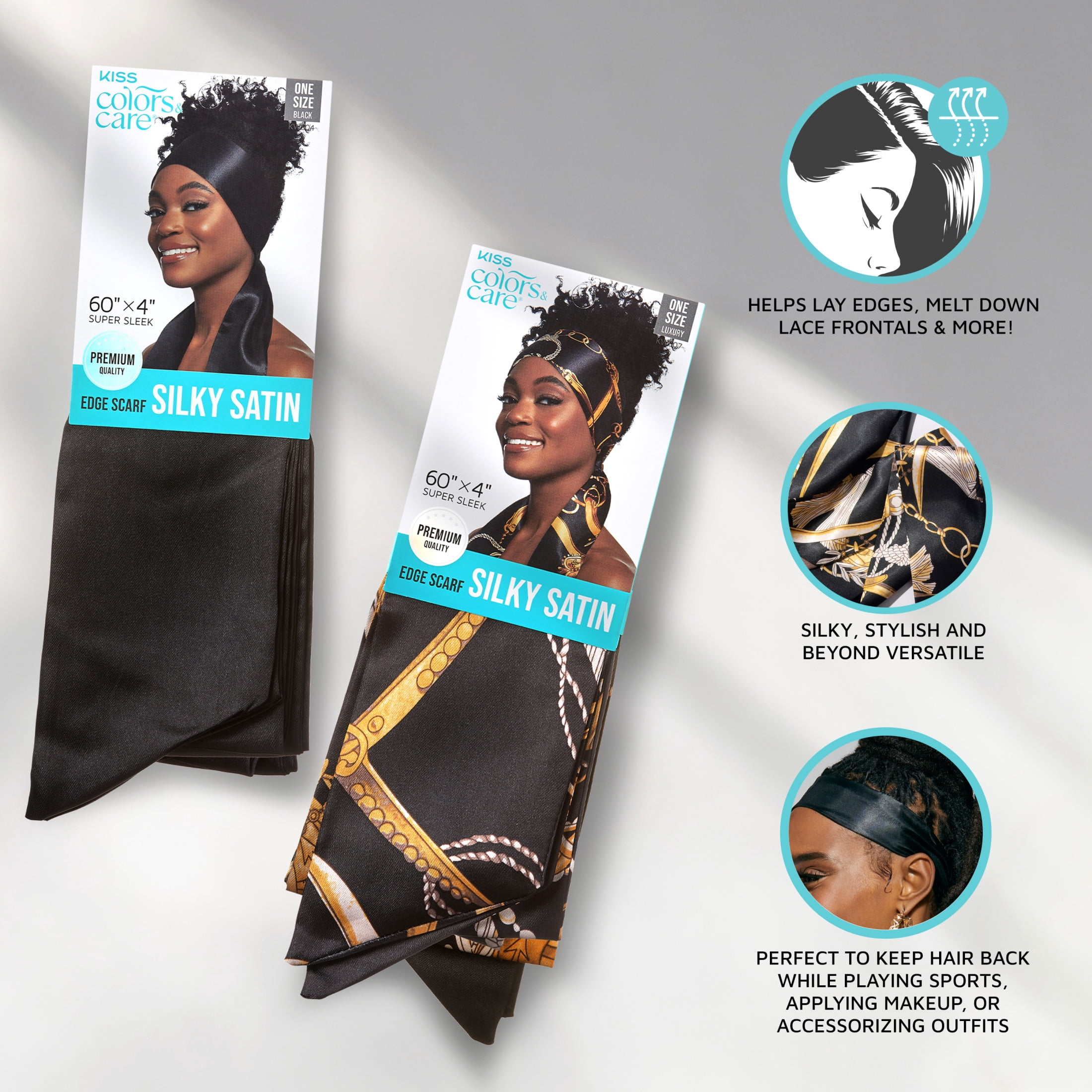 (2 pack) Kiss Colors & Care Silky Satin 60" x 4" Oblong Edge Scarf, Solid Print Black