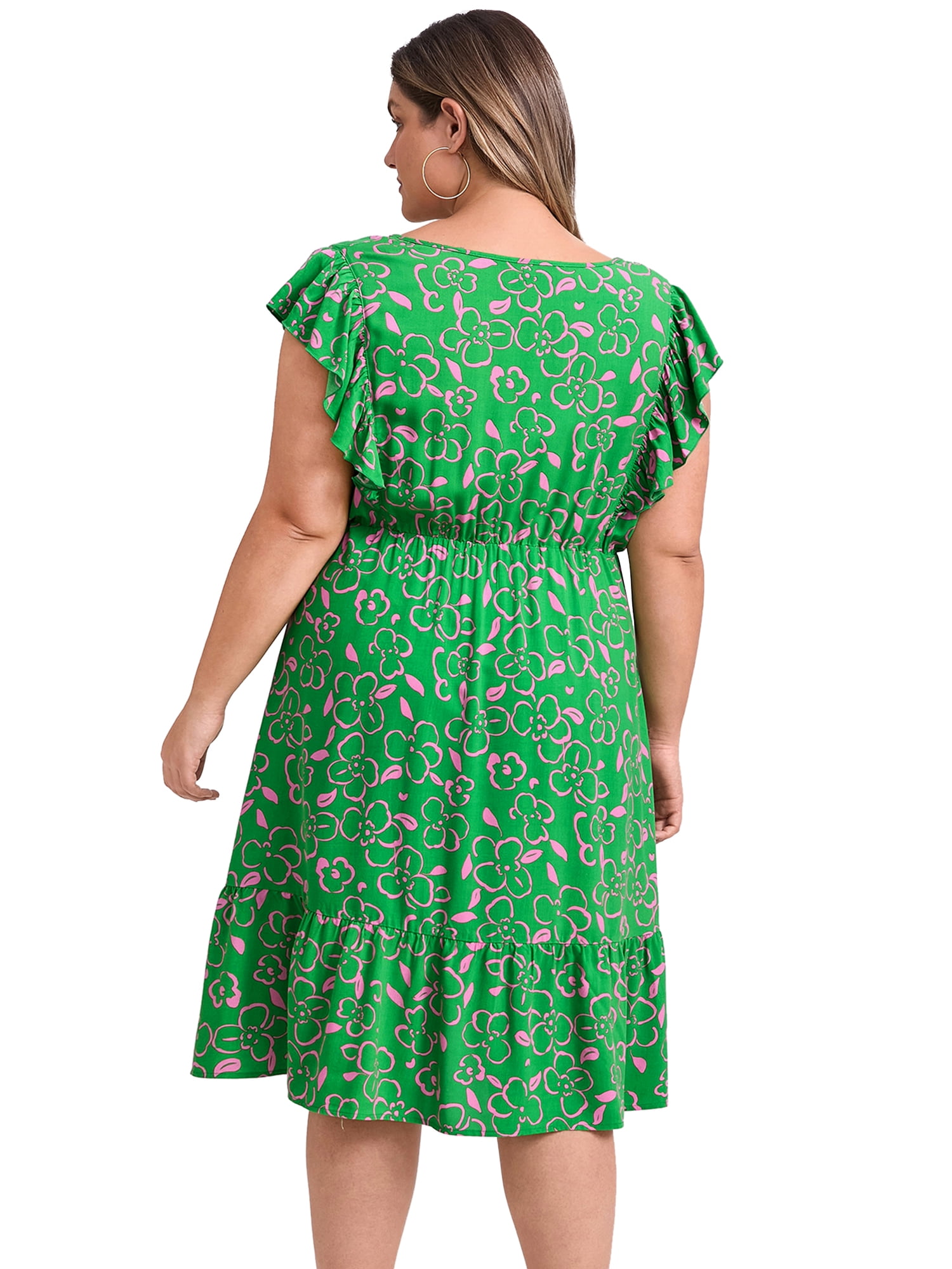 DARING DIVA Plus Size V Neck Ruffle Sleeve Knee Length Casual Dress 4X Green