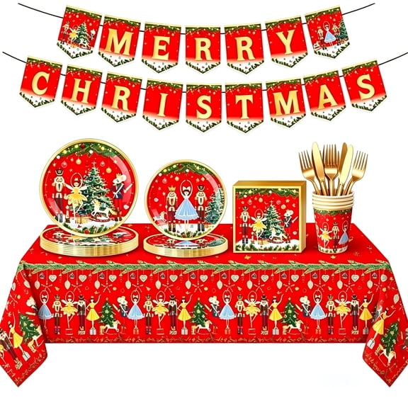 Christmas Nutcracker Disposable Tableware Set, Holiday Plates, Napkins, Cups and Cutlery for 20 Guests, Christmas Party Supplies and Table Decorations
