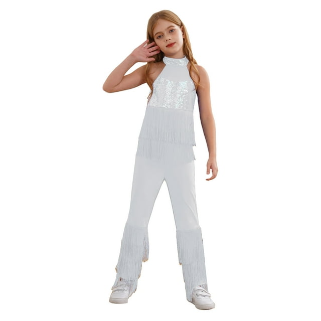 LiiYii Tenue de Danse Latine à Franges à Sequins pour Filles, Justaucorps de Salon, Tenue de Danse Tango Rumba Argent 8