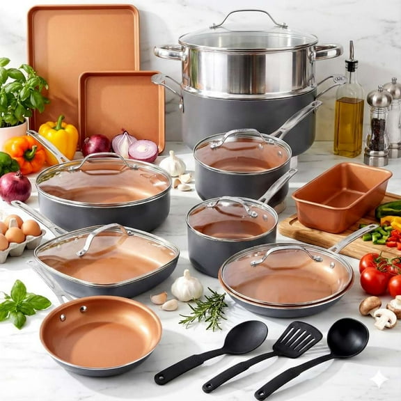 Open Box Gotham Steel TRUE VALUE 20 Pc Ceramic Pots and Pans Set Non Stick, Ceramic Cookware Set with Bakeware, Pot and Pan Set with Utensils, Non Stick Pots and Pan Set, Oven & Dishwasher Safe, Copper