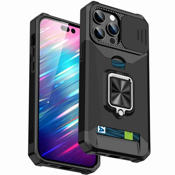 Dteck Wallet Phone Case for iPhone 14 Pro 6.1 inch with Slide Camera Cover and Card Holder Hard Ring Stand Slot Slim Cell Accessories Women Men Black,Black