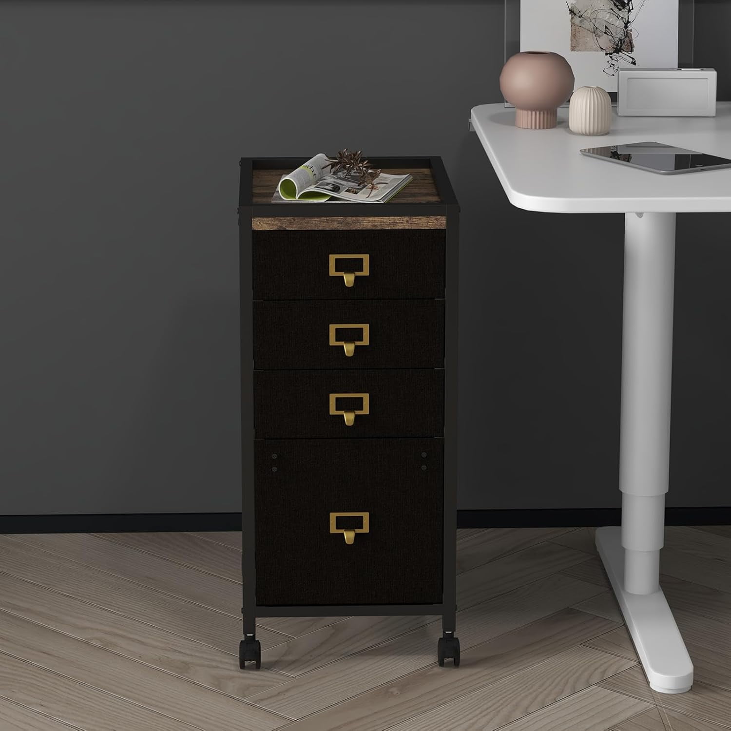Mobile 4-Drawer File Cabinet on Wheels, Rolling Under Desk Storage Solution with Open Shelf and Printer Stand for Home Office, Fits A4 and Letter Size (11.8" D x 14.9" W x 26.2" H)